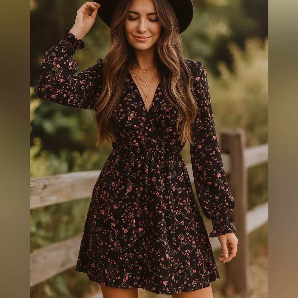 Derek Heart Hippie Black Floral Boho Long Sleeve Dress